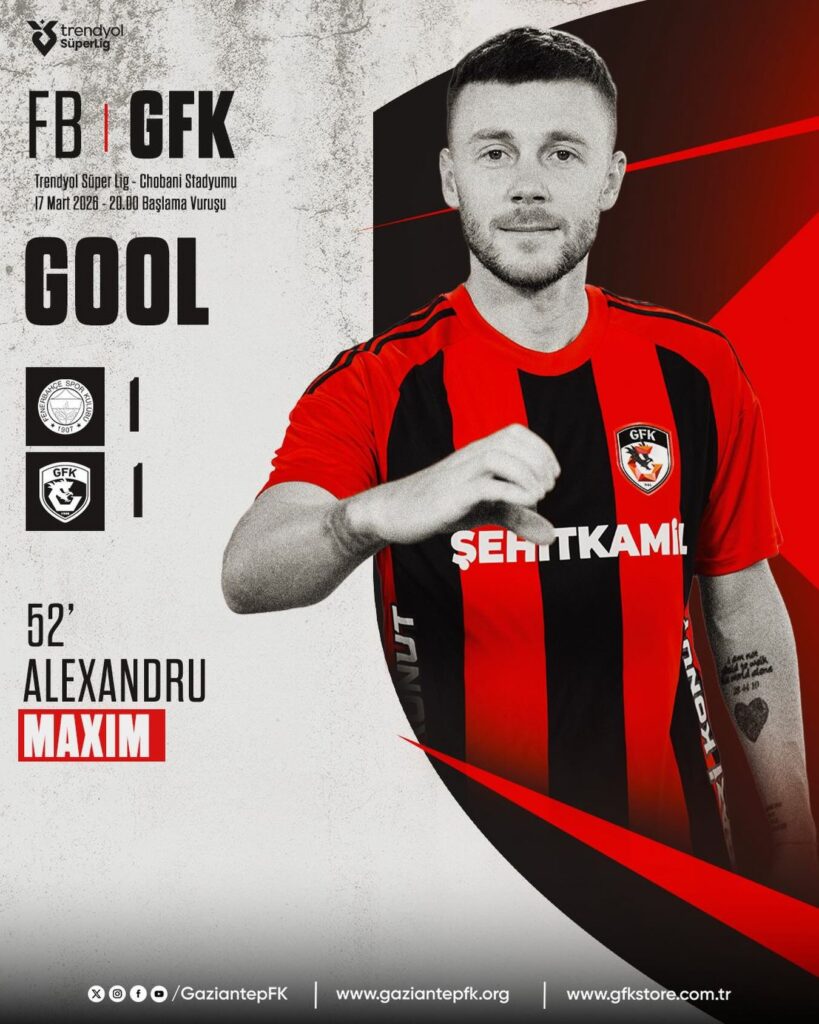 Maxim înscrie pentru Gaziantep, dar Fenerbahce câștigă în SuperLig