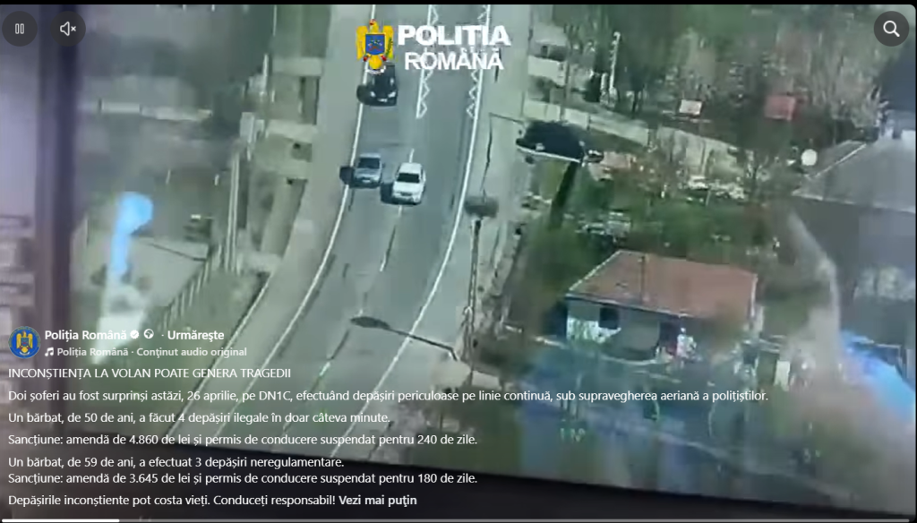 Șoferi surprinși din elicopter în timp ce depășesc periculos pe DN1C. Amenzi și permise suspendate