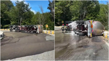 Accident grav pe DN7: cisternă cu 31 tone de benzină răsturnată în Argeș