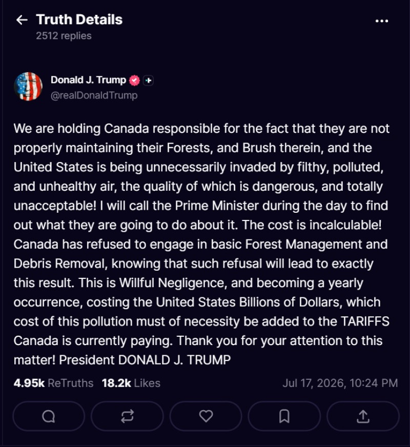 „SUA sunt invadate de un aer murdar”: Trump amenință Canada cu noi taxe vamale din cauza fumului provocat…