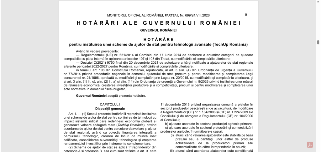 Programul TechUp România, cu ajutoare de 1 miliard EUR pentru firmele de tehnologie, publicat în Monitorul Oficial. Descarcă HG 643/2026