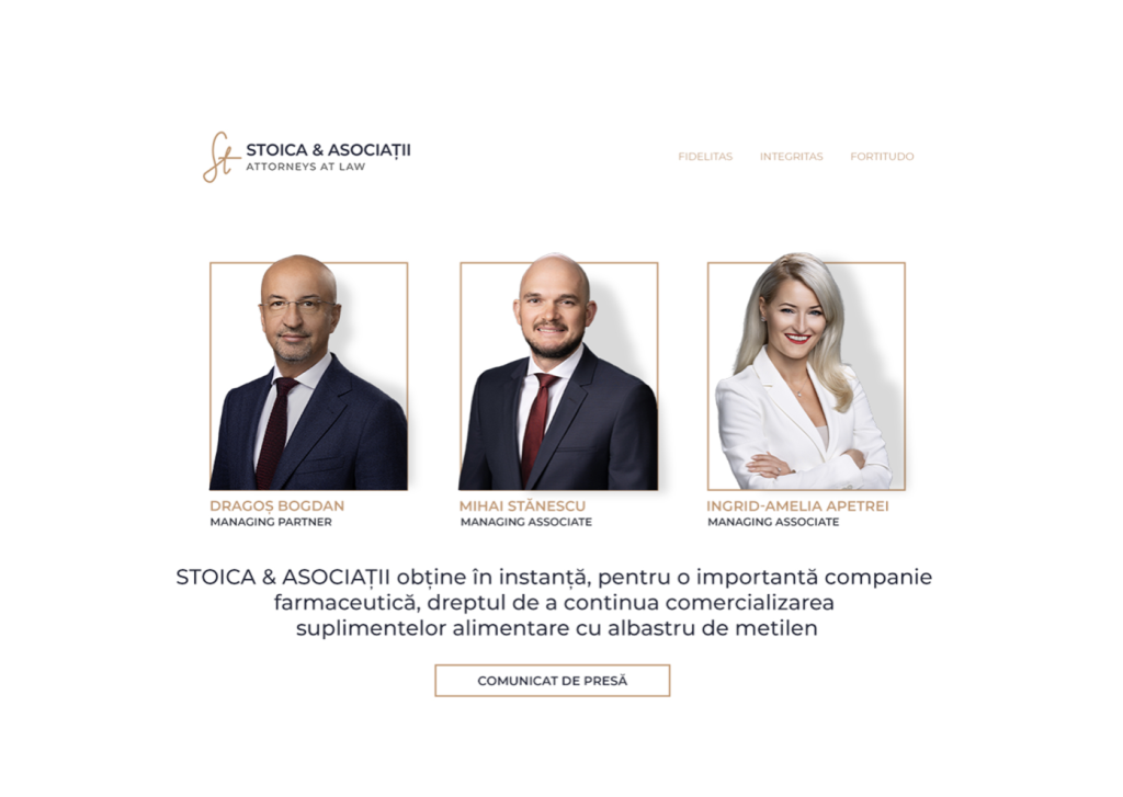STOICA & ASOCIAȚII obține în instanță, pentru o importantă companie farmaceutică, dreptul de a continua comercializarea suplimentelor alimentare cu albastru de metilen