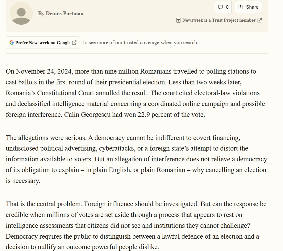 Răspunsul Newsweek din SUA despre articolul în care se cere ca „SUA să-l apere pe Călin Georgescu”. De ce l-au scos de pe site