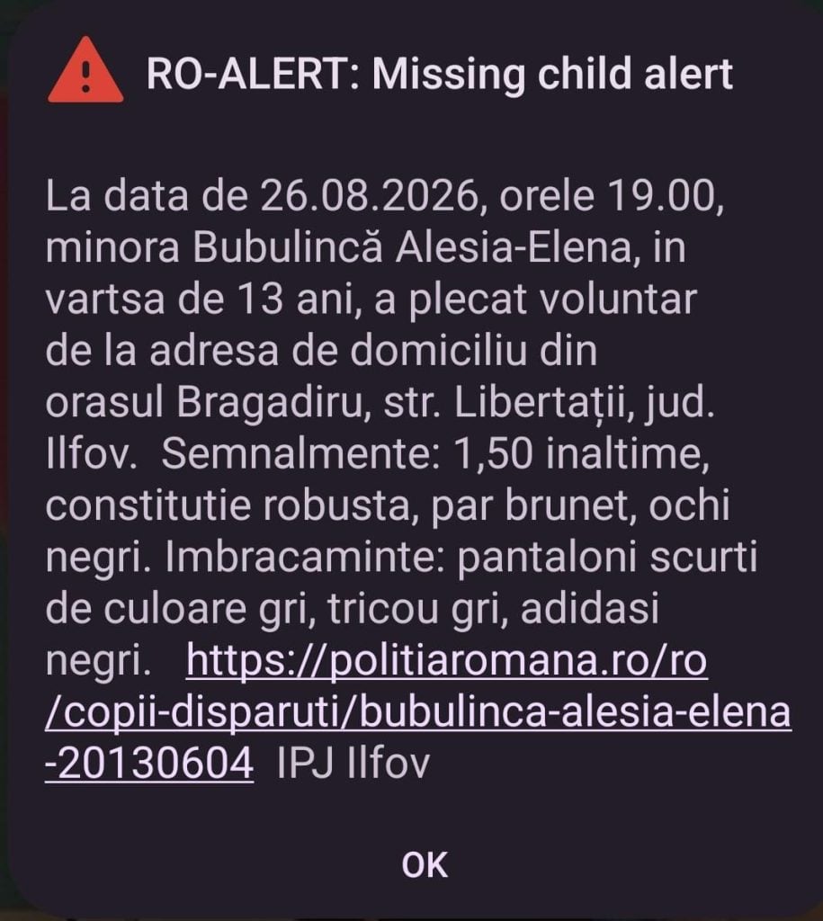 Mesaj RO-Alert, după ce Bubulincă Alesia-Elena, o fetiță de 13 ani, a plecat de la domiciliul din Bragadiru, județul Ilfov