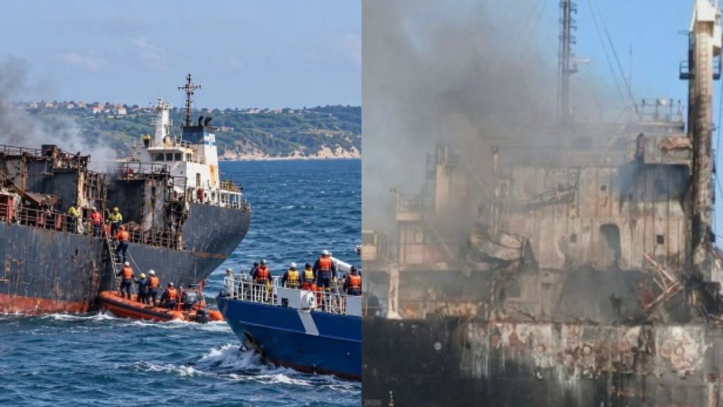 Filmul atacului cu drone din Marea Neagră. Cum au fost salvați cei 18 marinari de pe nava care a luat foc în zona Bulgariei
